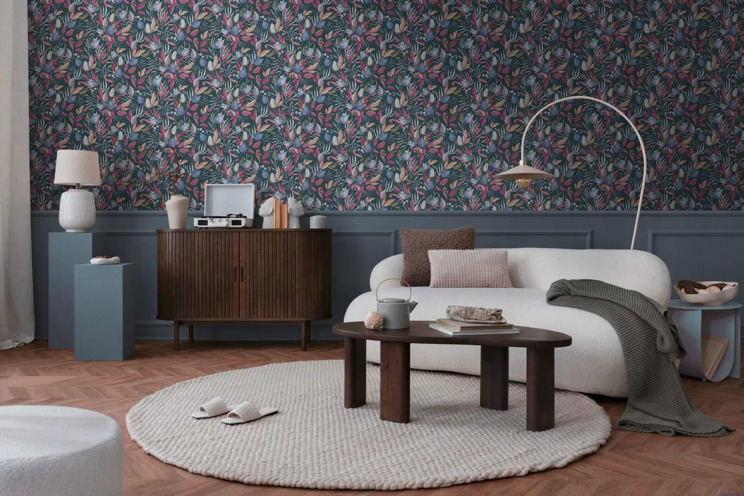 Элегантные обои на нетканой основе с тропическими цветами | голубые, розовые - 3010137