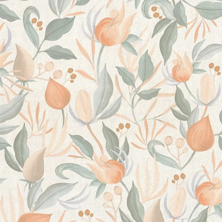 Matte non-woven wallpaper with exotic floral pattern in pastel shades - 3010140