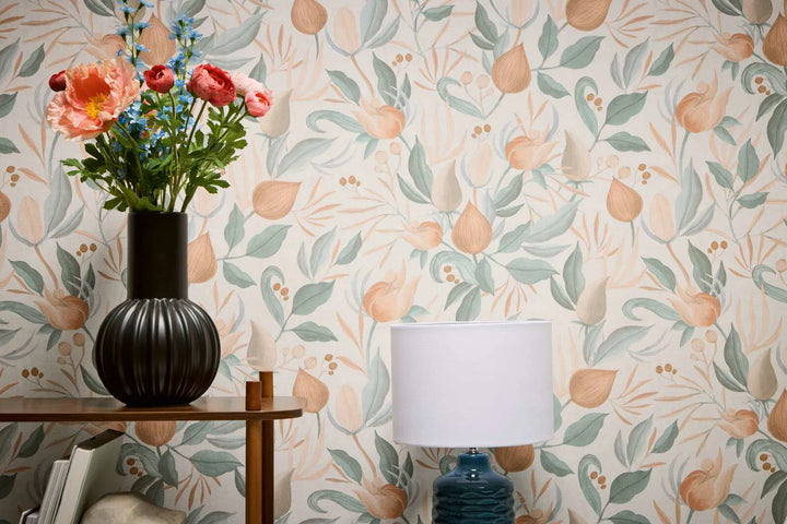 Matte non-woven wallpaper with exotic floral pattern in pastel shades - 3010140
