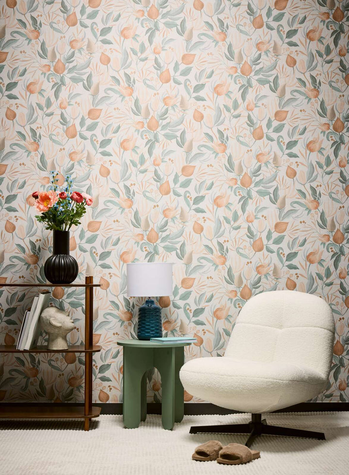 Matte non-woven wallpaper with exotic floral pattern in pastel shades - 3010140