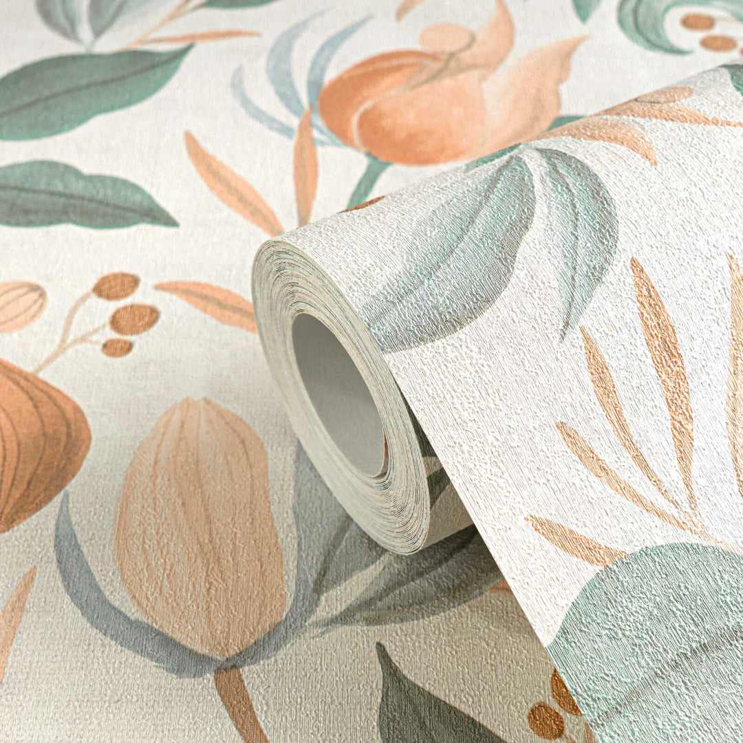 Matte non-woven wallpaper with exotic floral pattern in pastel shades - 3010140