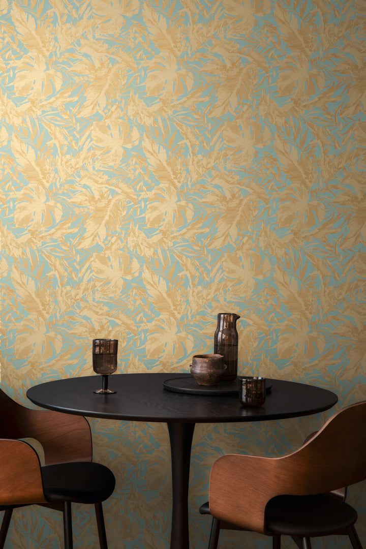 Lightly textured non-woven wallpaper with subtle palm motif - blue, gold - 3010150