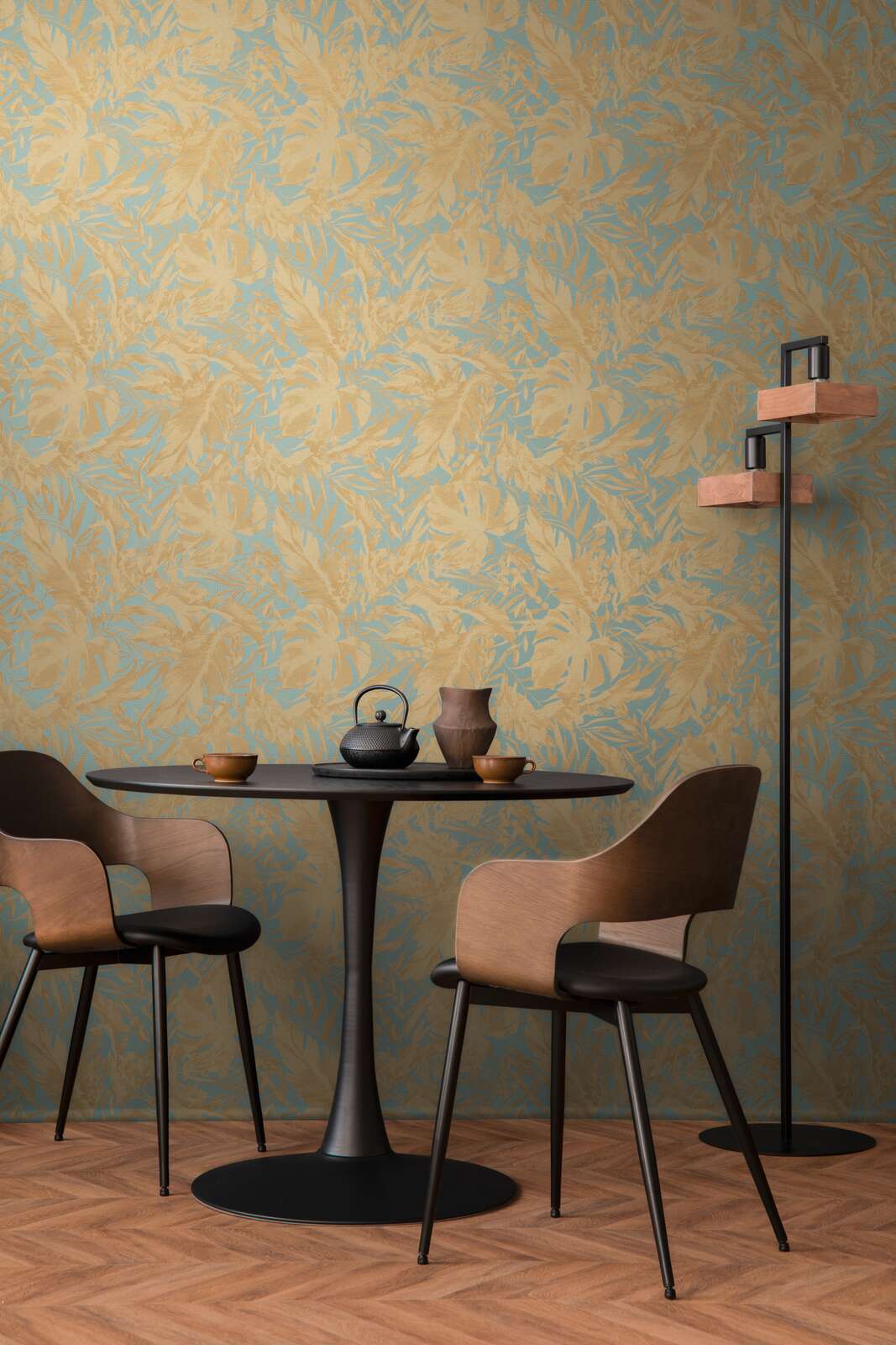 Lightly textured non-woven wallpaper with subtle palm motif - blue, gold - 3010150
