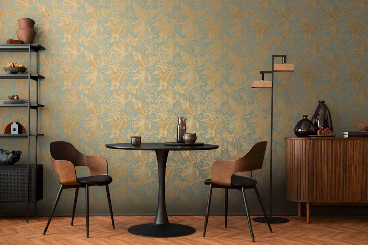 Lightly textured non-woven wallpaper with subtle palm motif - blue, gold - 3010150
