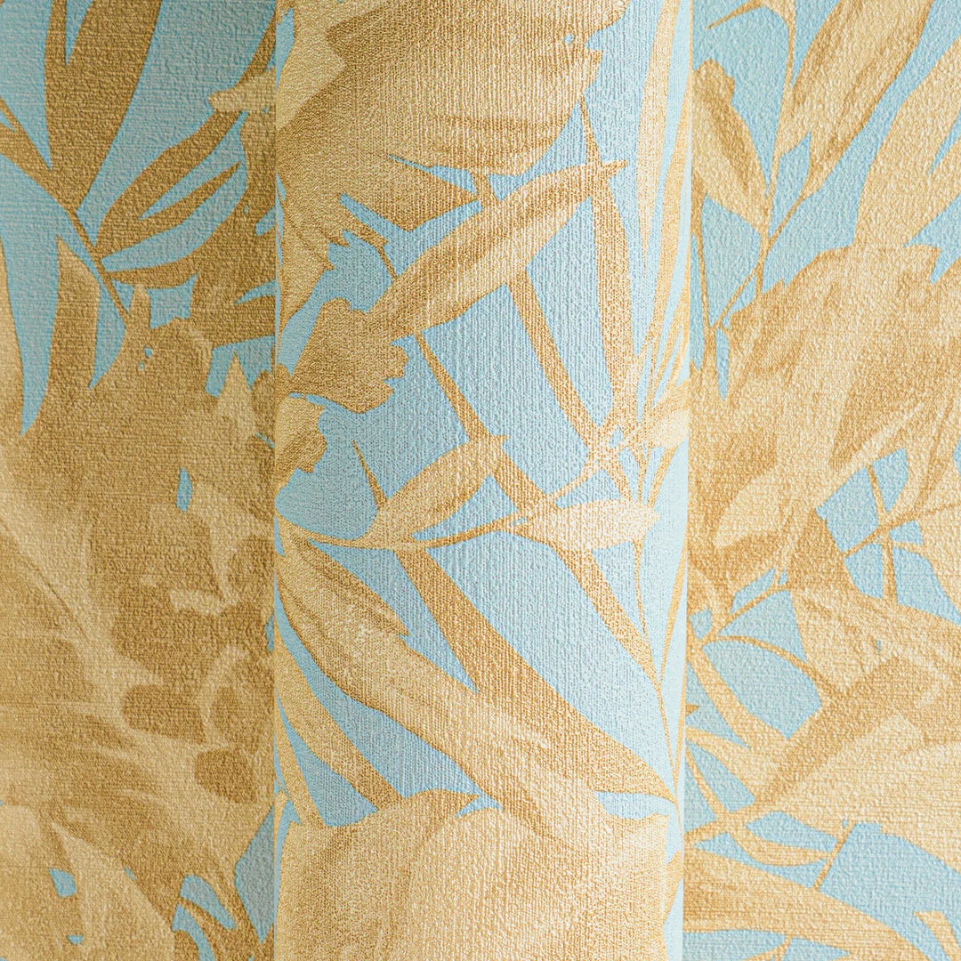 Lightly textured non-woven wallpaper with subtle palm motif - blue, gold - 3010150