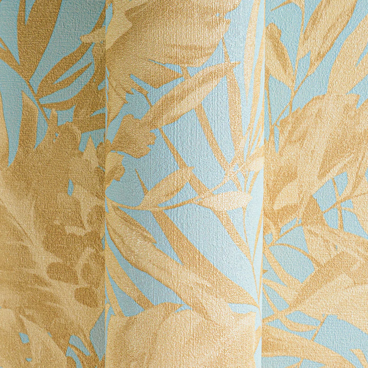 Lightly textured non-woven wallpaper with subtle palm motif - blue, gold - 3010150