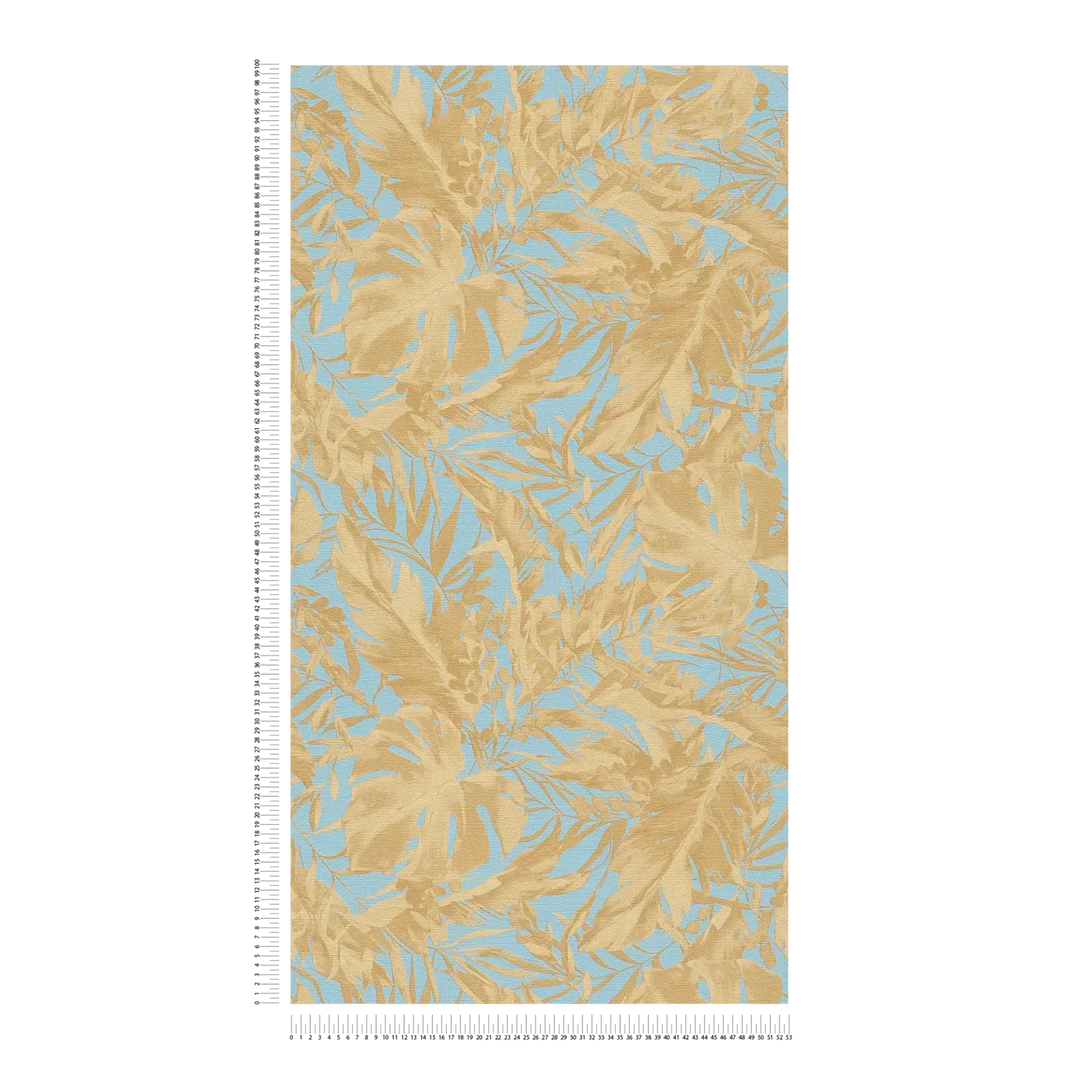 Lightly textured non-woven wallpaper with subtle palm motif - blue, gold - 3010150