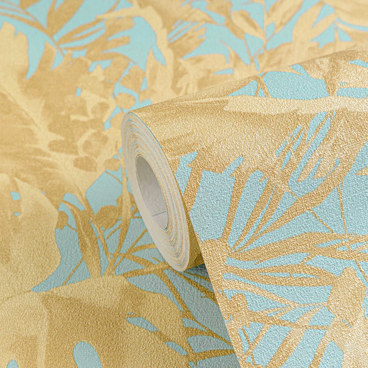 Lightly textured non-woven wallpaper with subtle palm motif - blue, gold - 3010150