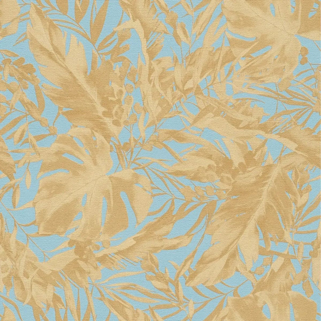 Lightly textured non-woven wallpaper with subtle palm motif - blue, gold - 3010150