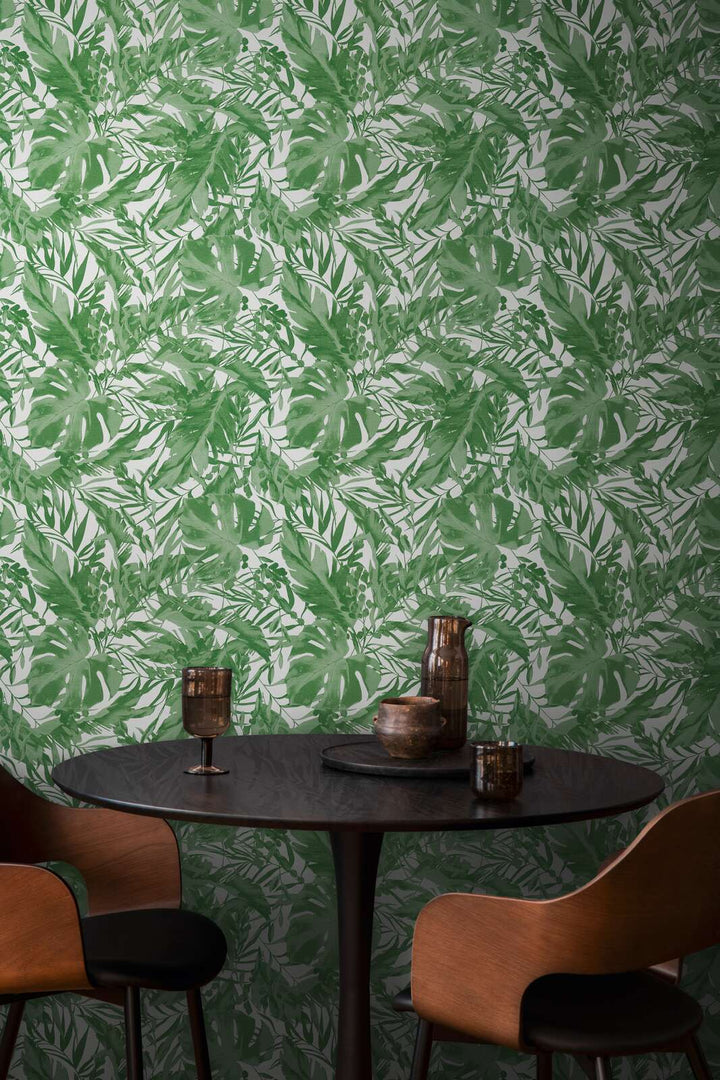 Обои на нетканой основе с легкой текстурой и тропическим мотивом листьев, матовые - зеленый, белый - 3010152