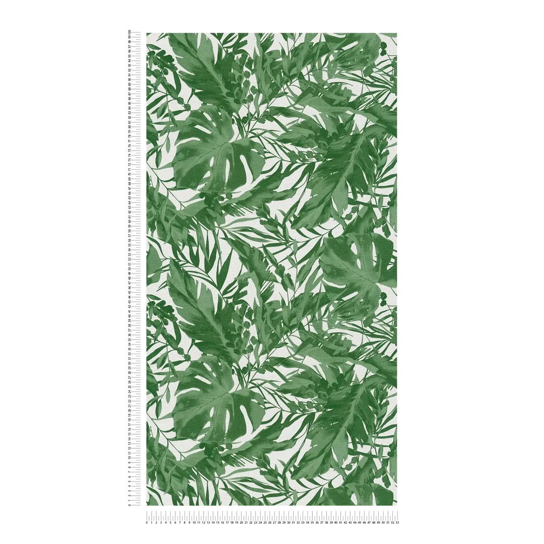 Обои на нетканой основе с легкой текстурой и тропическим мотивом листьев, матовые - зеленый, белый - 3010152