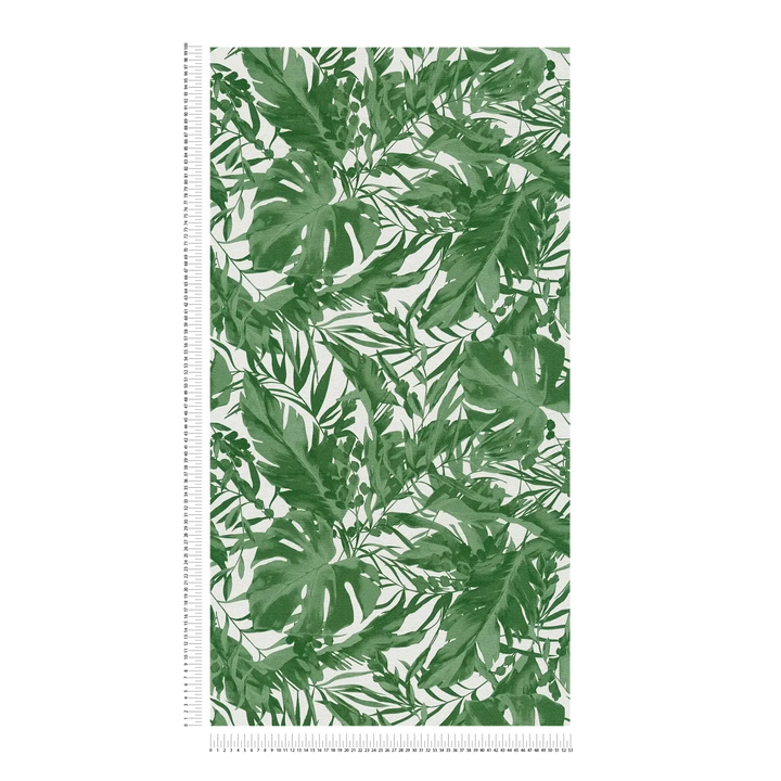 Обои на нетканой основе с легкой текстурой и тропическим мотивом листьев, матовые - зеленый, белый - 3010152