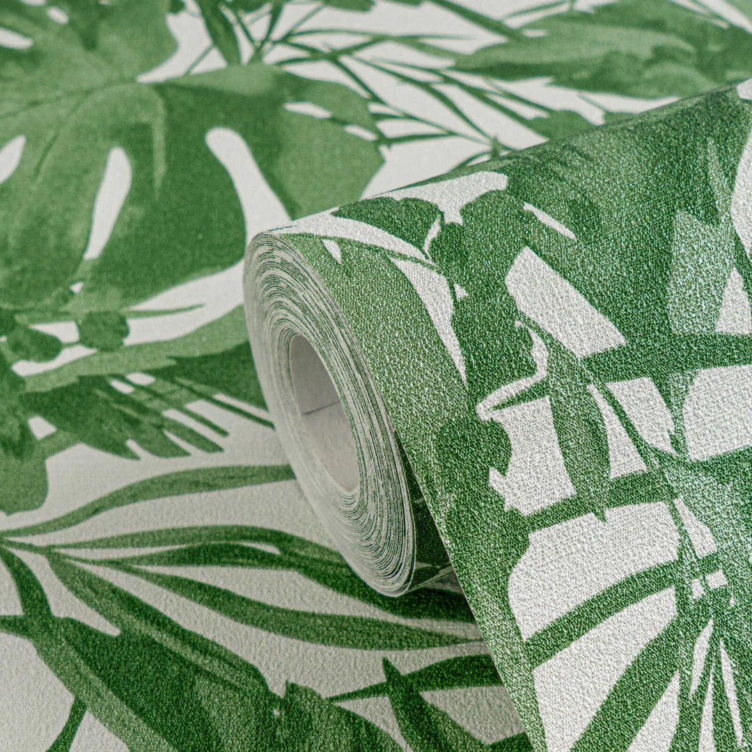 Обои на нетканой основе с легкой текстурой и тропическим мотивом листьев, матовые - зеленый, белый - 3010152