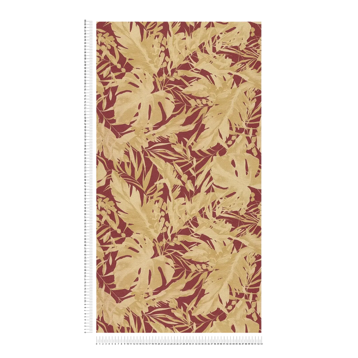 Высококачественные обои на нетканой основе со стильным рисунком тропических листьев | красный, золотой - 3010153