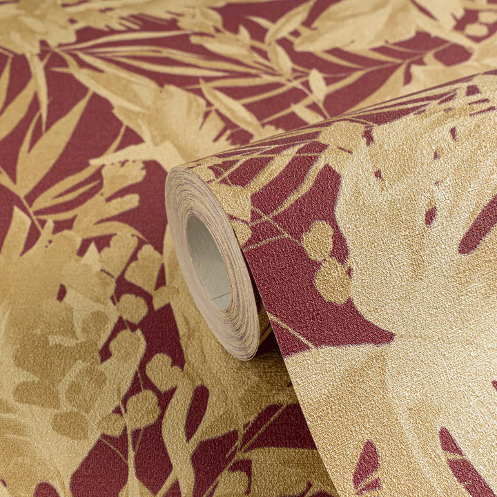 Высококачественные обои на нетканой основе со стильным рисунком тропических листьев | красный, золотой - 3010153