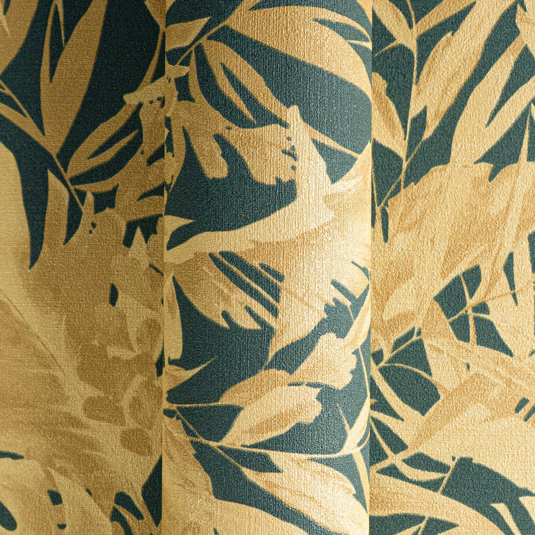 Textured non-woven wallpaper with elegant tropical leaves | green, gold - 3010154