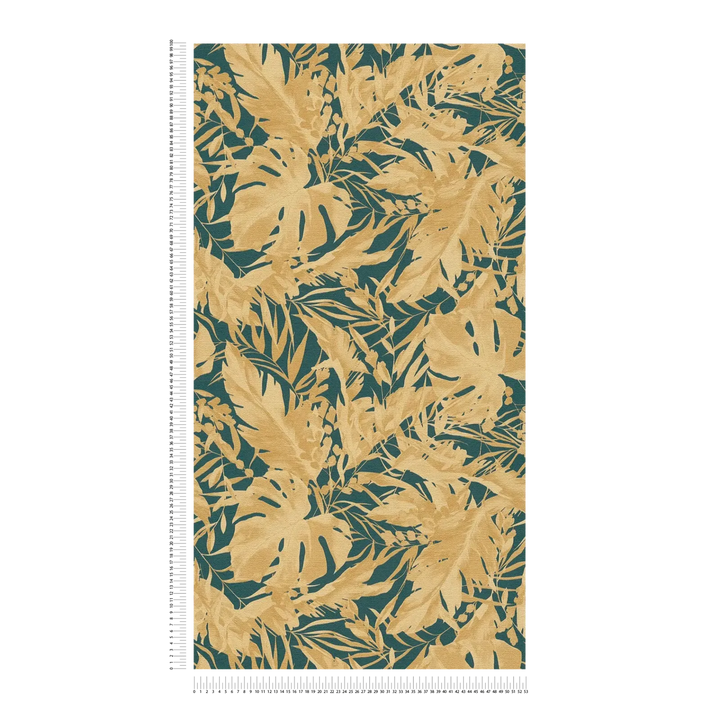 Textured non-woven wallpaper with elegant tropical leaves | green, gold - 3010154