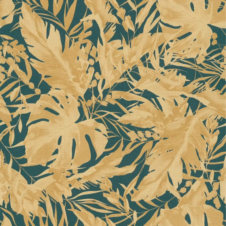 Textured non-woven wallpaper with elegant tropical leaves | green, gold - 3010154