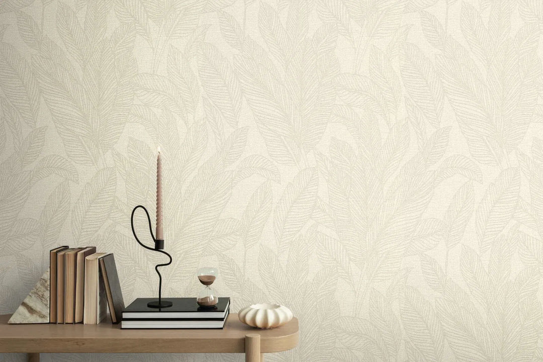 Lightly textured non-woven wallpaper with a subtle, shiny leaf pattern | cream - 3010161
