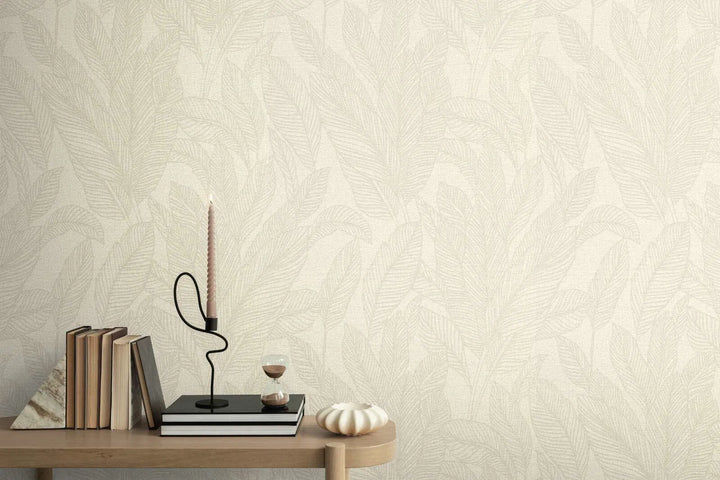 Lightly textured non-woven wallpaper with a subtle, shiny leaf pattern | cream - 3010161