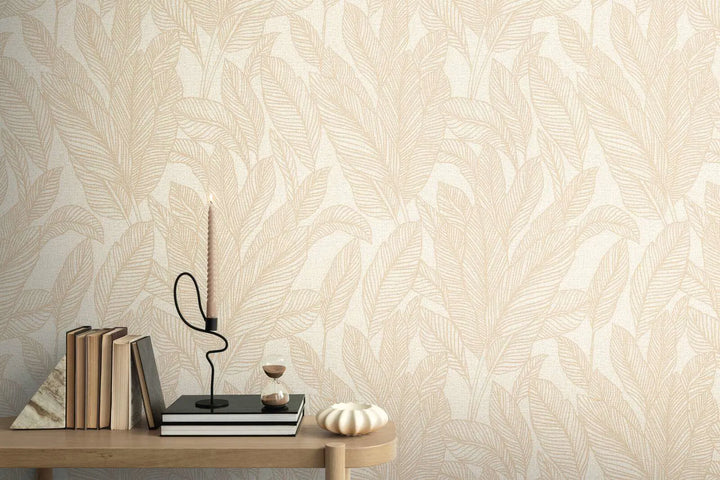 Elegant non-woven wallpaper with shimmering leaf design in warm colours - 3010162