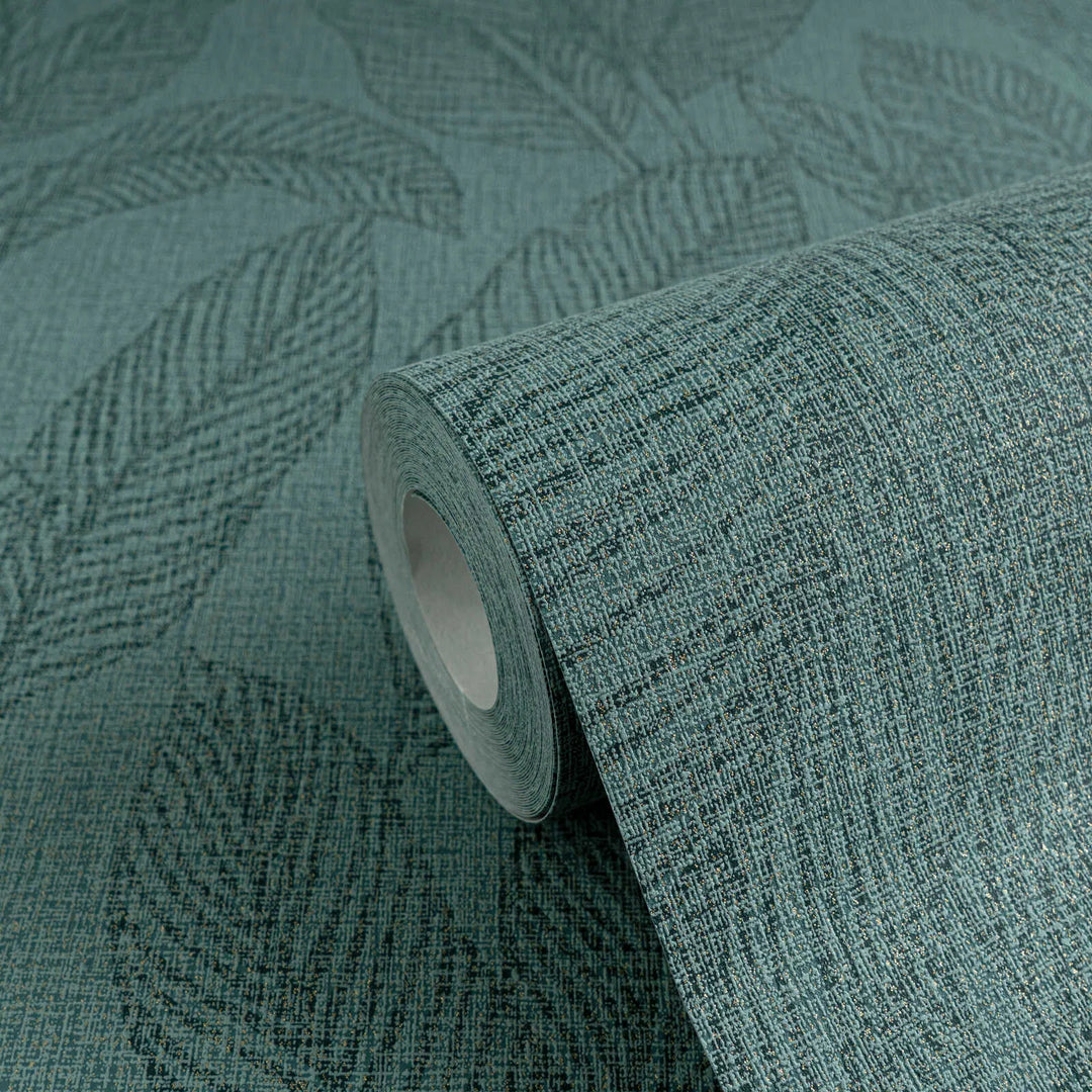 Легко текстурированные обои на нетканой основе с тонким глянцевым рисунком листьев зеленого цвета - 3010164