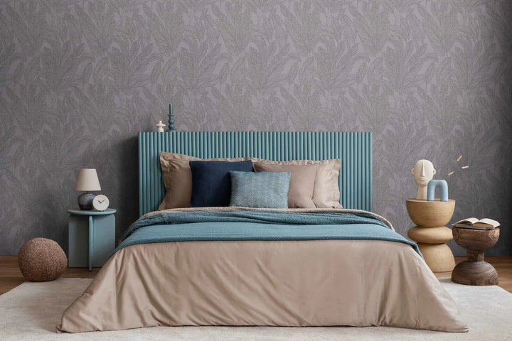 Lightly textured non-woven wallpaper with delicate shimmering leaf design in grey - 3010165