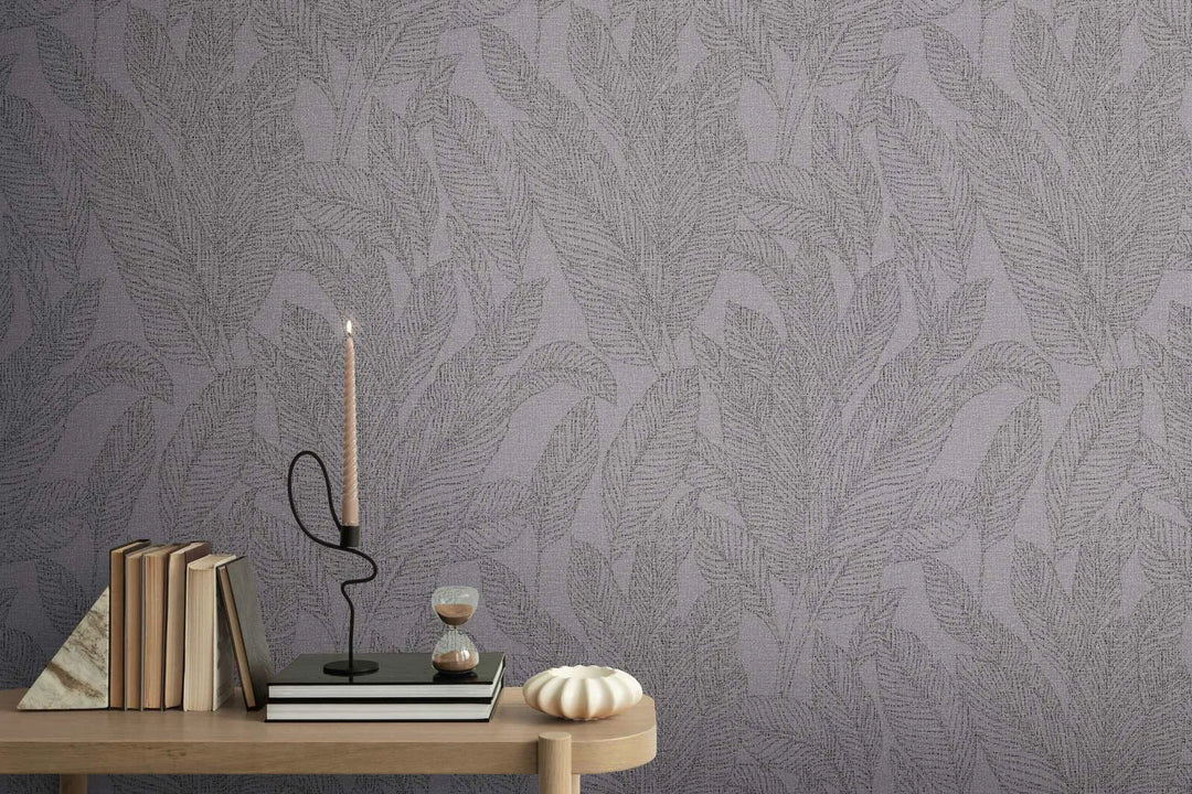 Lightly textured non-woven wallpaper with delicate shimmering leaf design in grey - 3010165