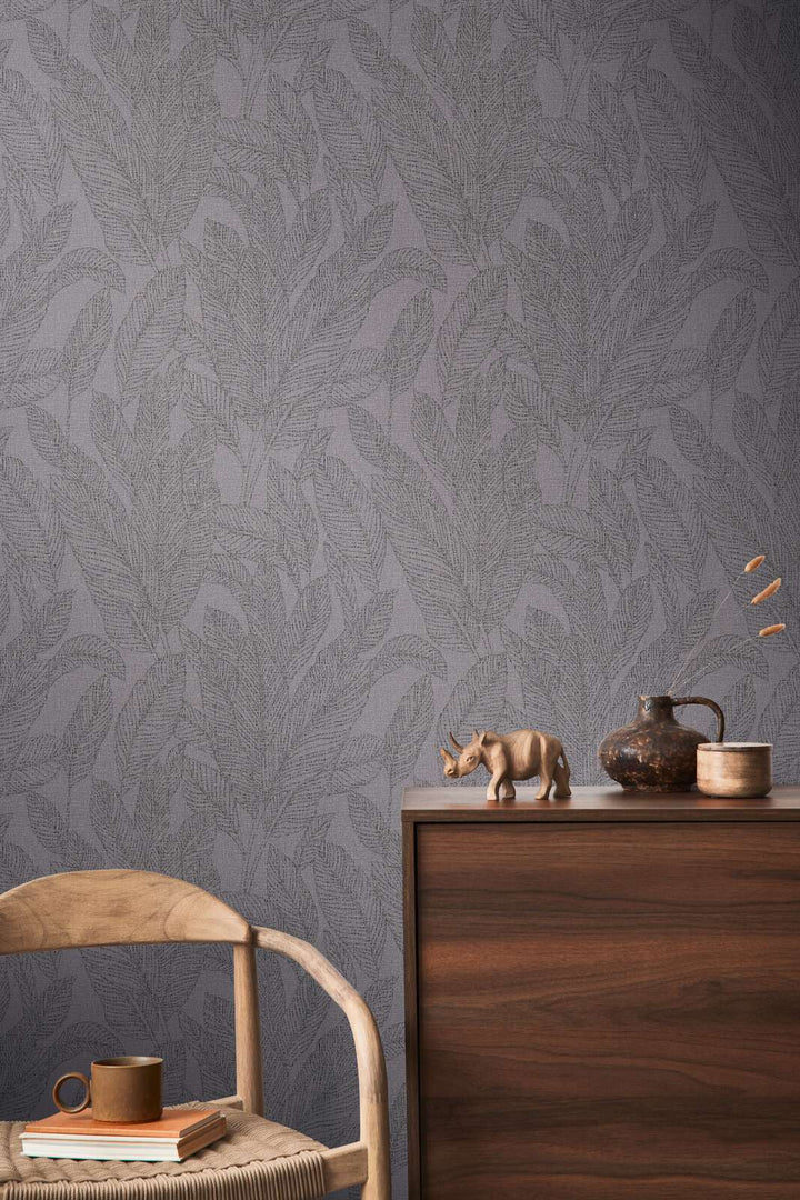 Lightly textured non-woven wallpaper with delicate shimmering leaf design in grey - 3010165