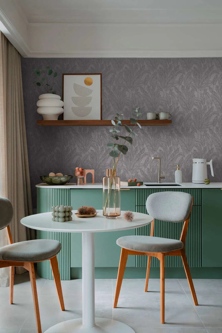 Lightly textured non-woven wallpaper with delicate shimmering leaf design in grey - 3010165
