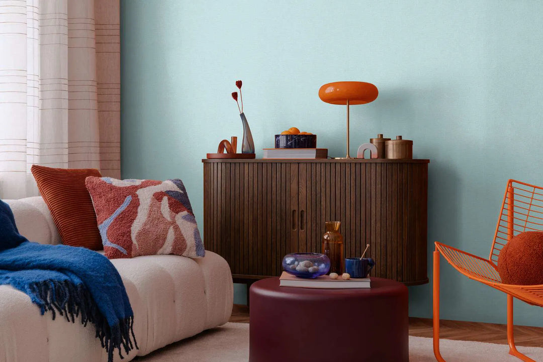 Korkealaatuinen kuitukangastapetti, jossa on kevyt, kiiltävä tekstiilirakenne | sininen, kulta - 3010176