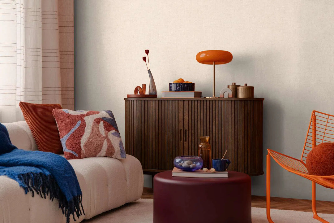 Švelnus Vienspalviai tapetai šilto kreminio atspalvio, elegantiškas, blizgantis tekstilės paviršius - 3010207