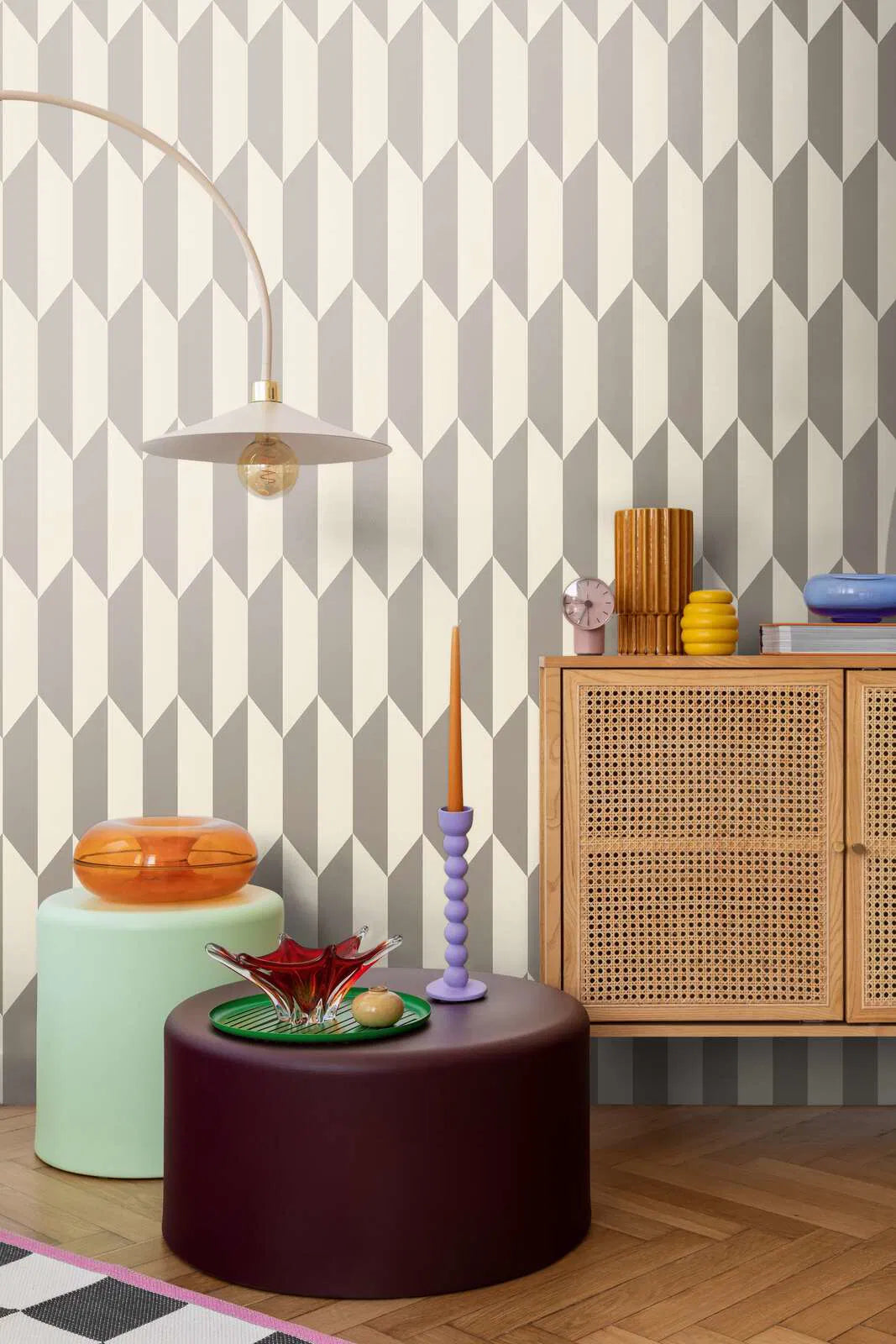 Kiiltävä ja graafinen kuviollinen kuitukangastapetti | beige, kerma - 3010517