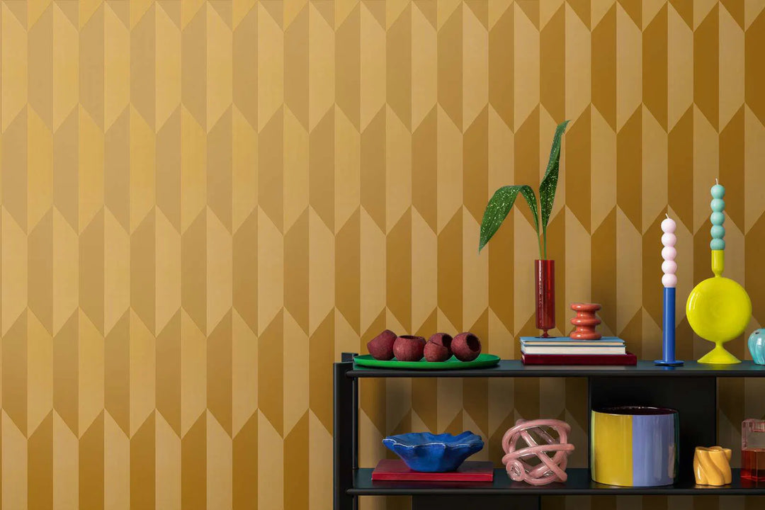 Kuitukangastapetti, jossa on kiiltävä retrokuvio kirkkaissa väreissä - kulta - 3010522