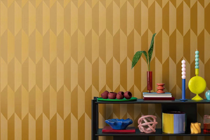 Kuitukangastapetti, jossa on kiiltävä retrokuvio kirkkaissa väreissä - kulta - 3010522