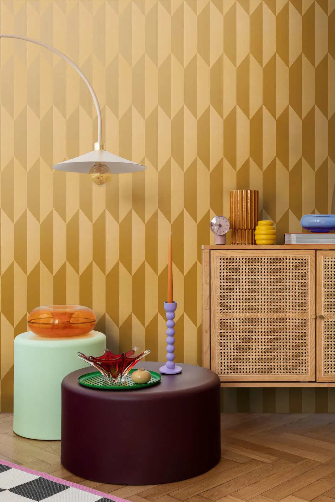 Kuitukangastapetti, jossa on kiiltävä retrokuvio kirkkaissa väreissä - kulta - 3010522