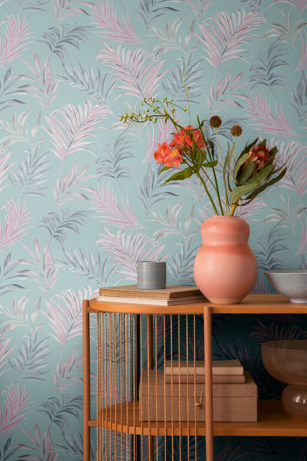 Non-woven wallpaper with delicate tropical motif | blue, pink - 3011052
