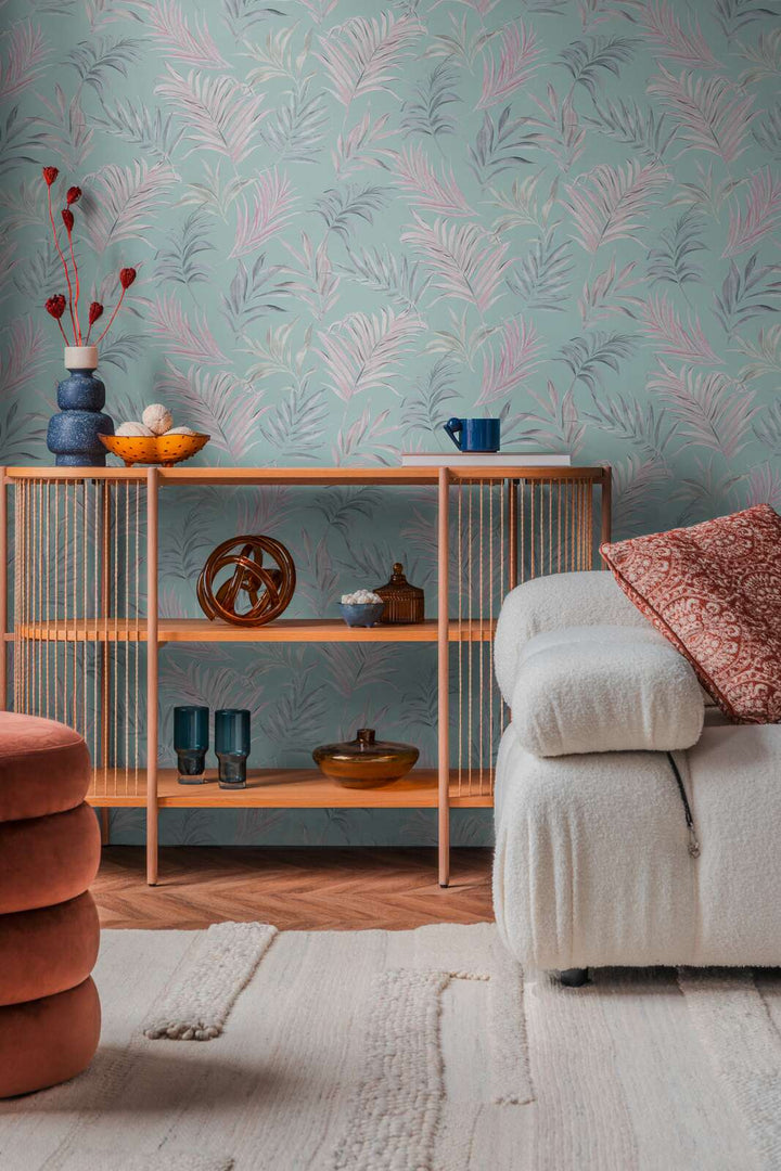 Non-woven wallpaper with delicate tropical motif | blue, pink - 3011052