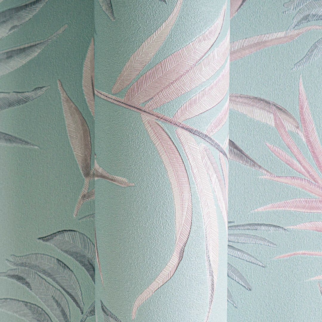 Non-woven wallpaper with delicate tropical motif | blue, pink - 3011052