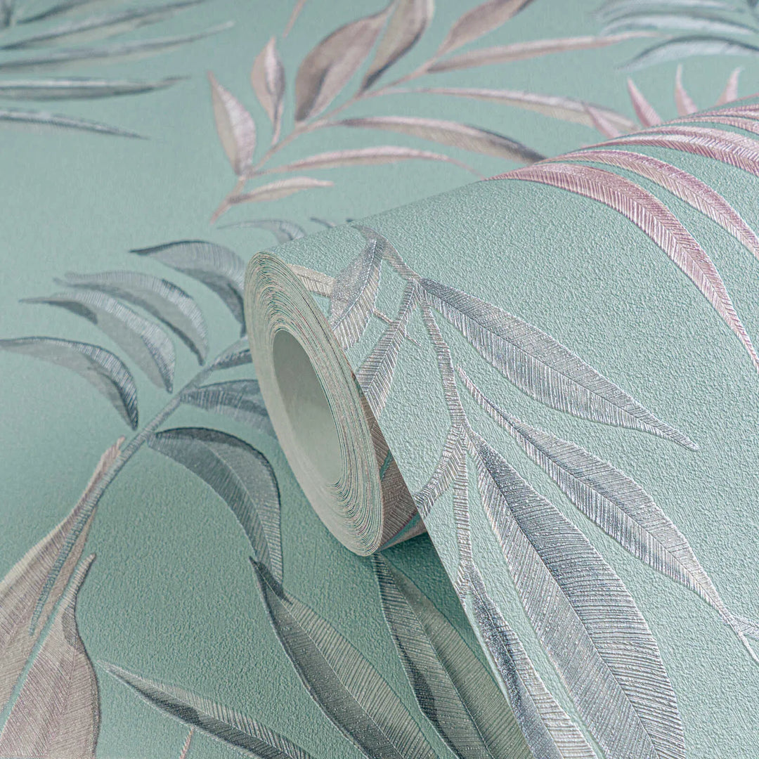Non-woven wallpaper with delicate tropical motif | blue, pink - 3011052