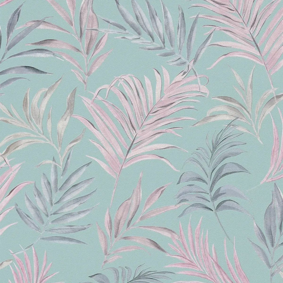 Non-woven wallpaper with delicate tropical motif | blue, pink - 3011052