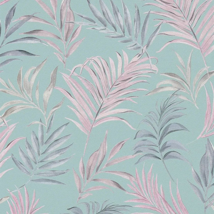 Non-woven wallpaper with delicate tropical motif | blue, pink - 3011052