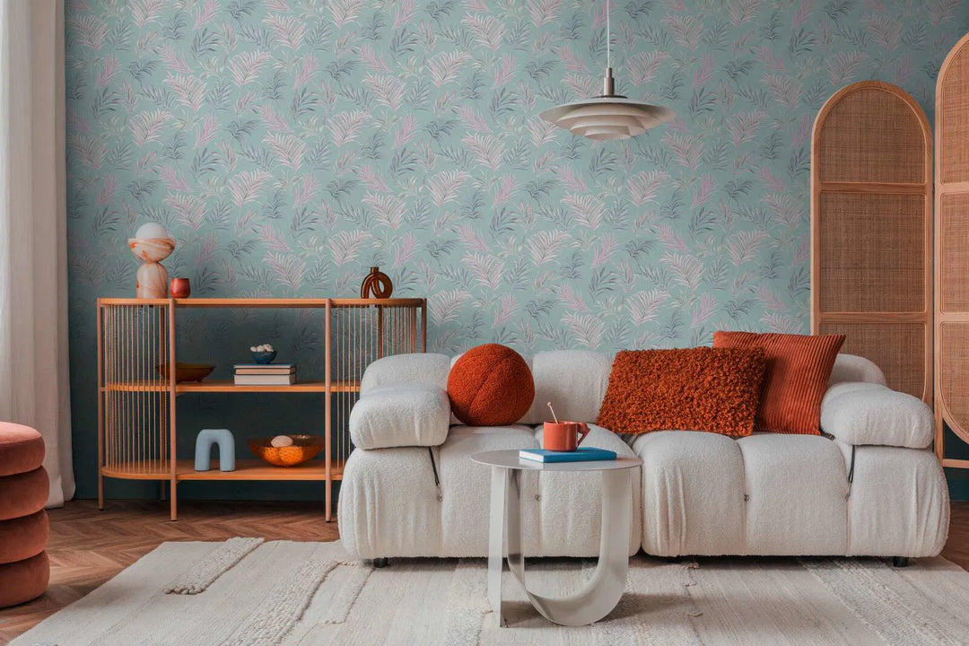 Non-woven wallpaper with delicate tropical motif | blue, pink - 3011052