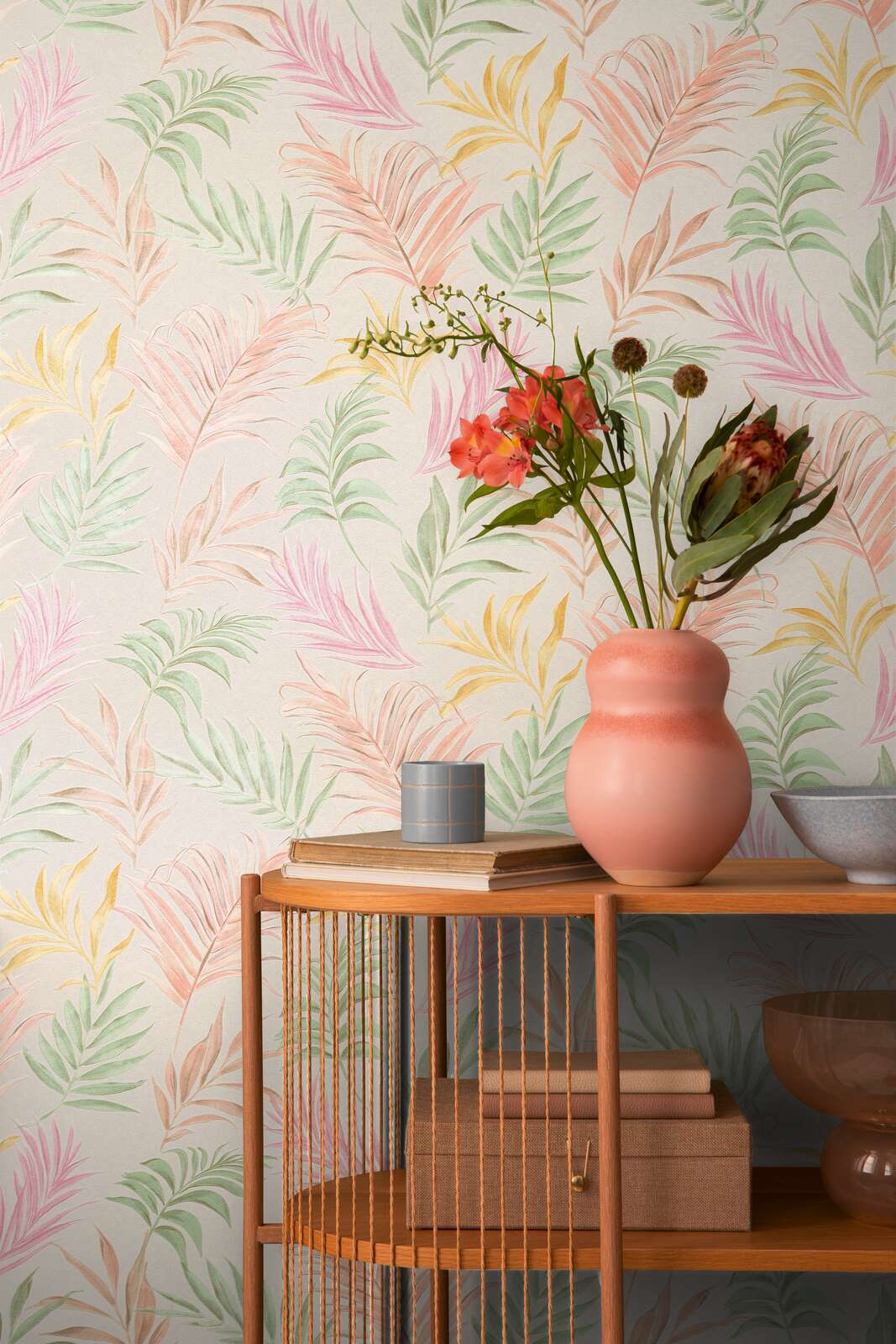 Non-woven wallpaper with delicate tropical motif | multicoloured - 3011053