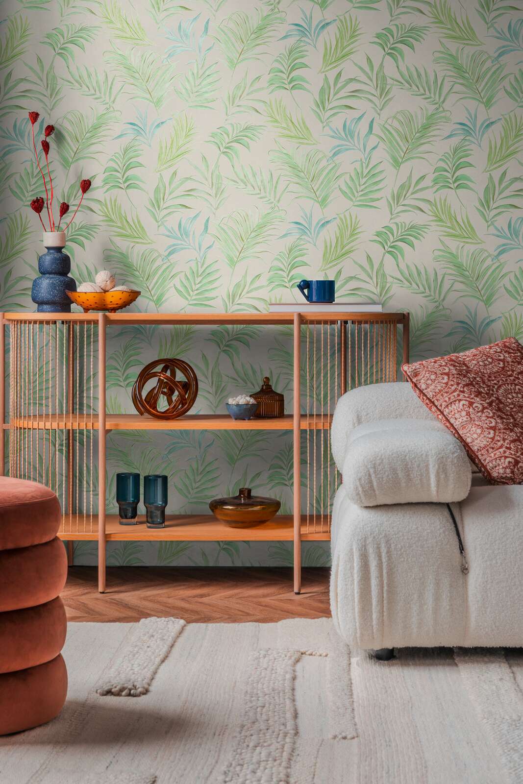 Non-woven wallpaper with delicate tropical motif| green, white | slightly glossy leaves - 3011054