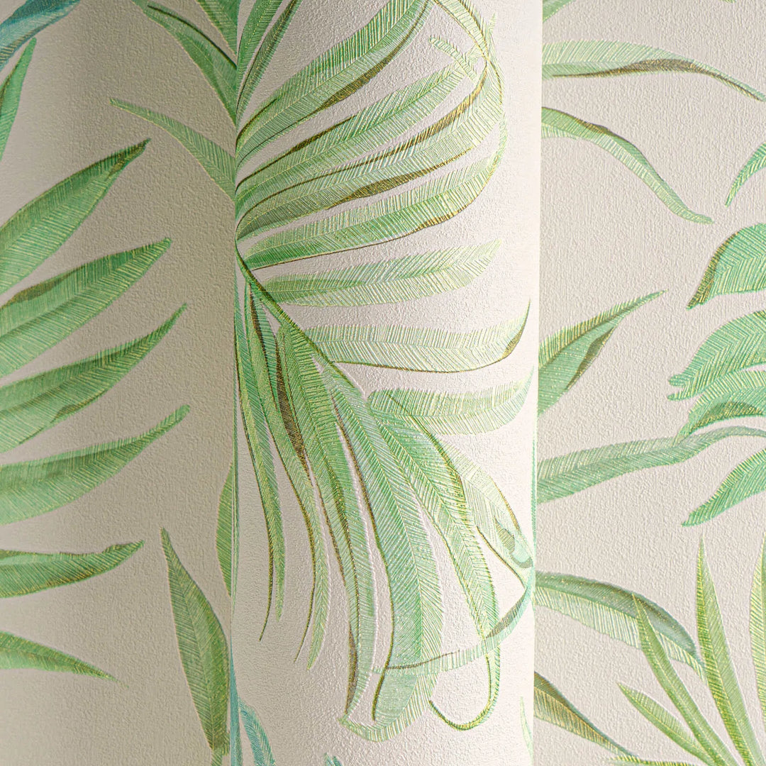Non-woven wallpaper with delicate tropical motif| green, white | slightly glossy leaves - 3011054