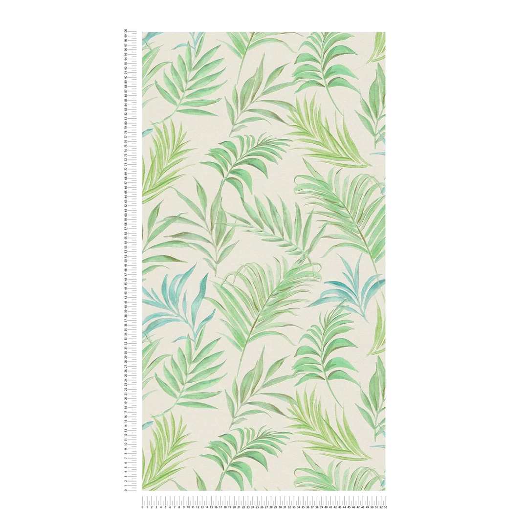 Non-woven wallpaper with delicate tropical motif| green, white | slightly glossy leaves - 3011054