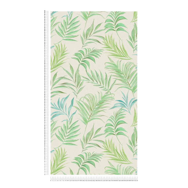 Non-woven wallpaper with delicate tropical motif| green, white | slightly glossy leaves - 3011054
