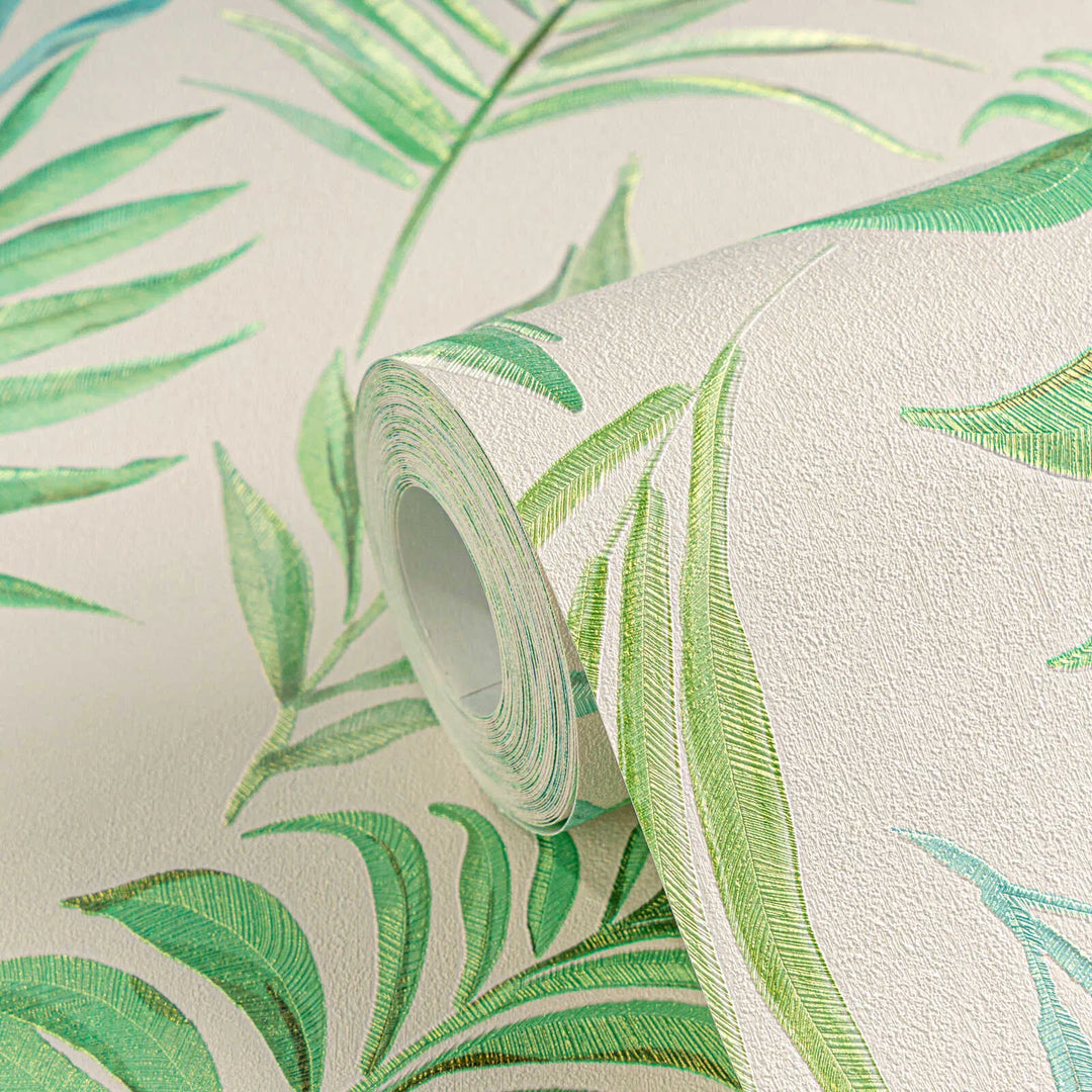 Non-woven wallpaper with delicate tropical motif| green, white | slightly glossy leaves - 3011054