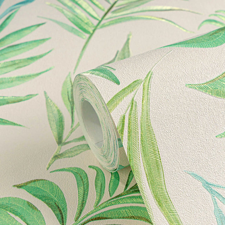 Non-woven wallpaper with delicate tropical motif| green, white | slightly glossy leaves - 3011054
